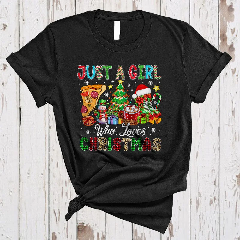 Just A Girl Who Loves Christmas, Colorful X-mas Tree Snowman Pizza, Girls Women Family Group T-Shirt Polka Dot Checkered Tartan