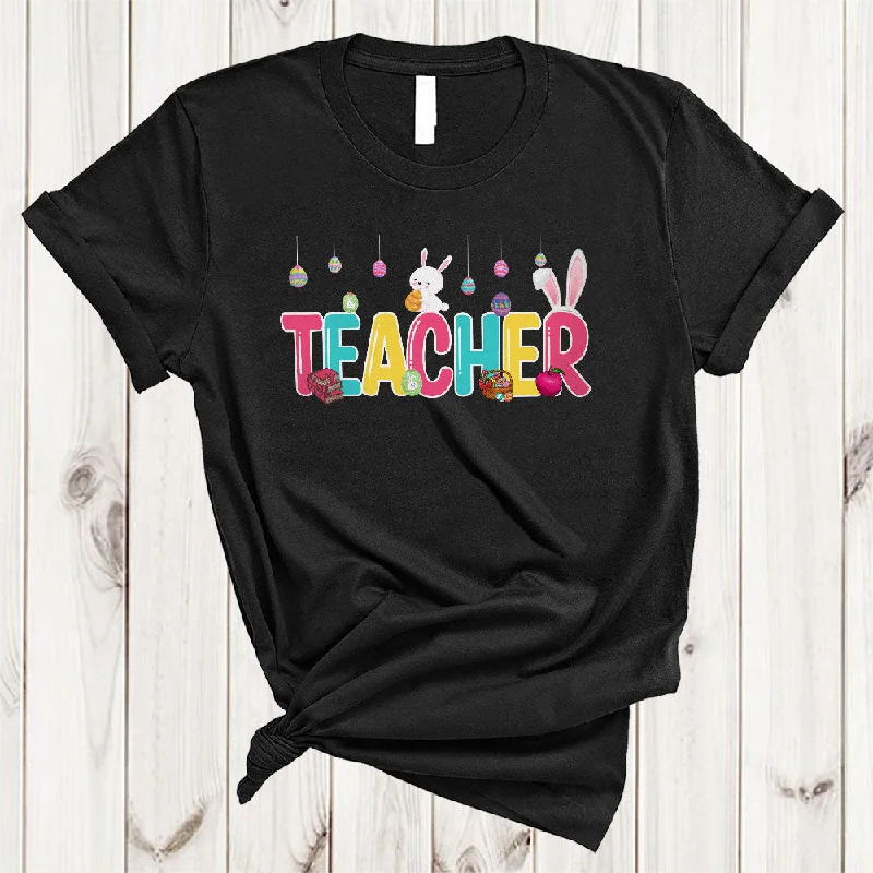 Teacher, Wonderful Easter Day Bunny Hunting Eggs Lover, Matching Girls Women Family Group T-Shirt Polka Dot Checkered Tartan