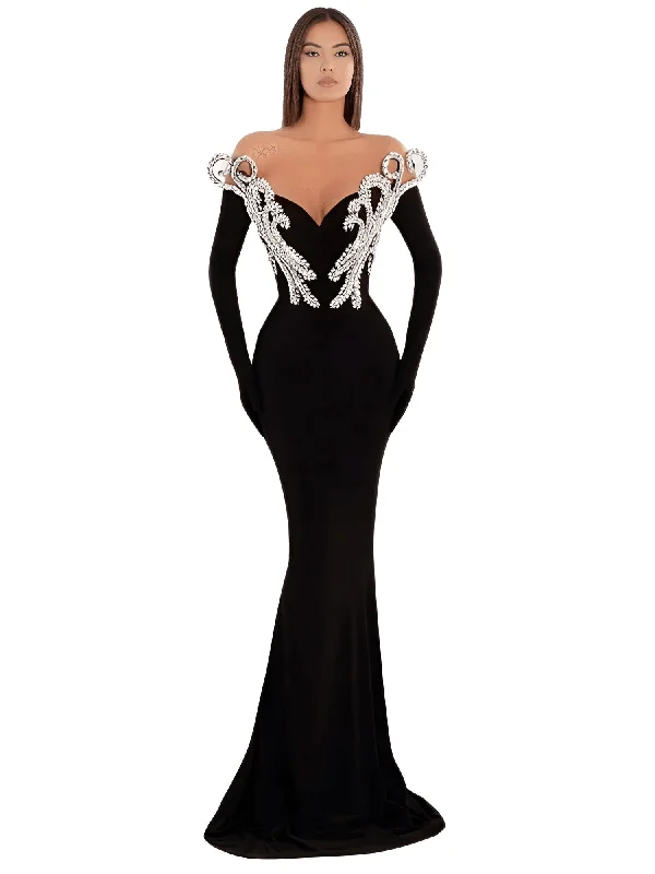 Women's Elegant Party Dresses V Neck Crystal Design Black Velvet Maxi Long Luxury Gowns With Gloves Female Clothing Tunics Velvet soft