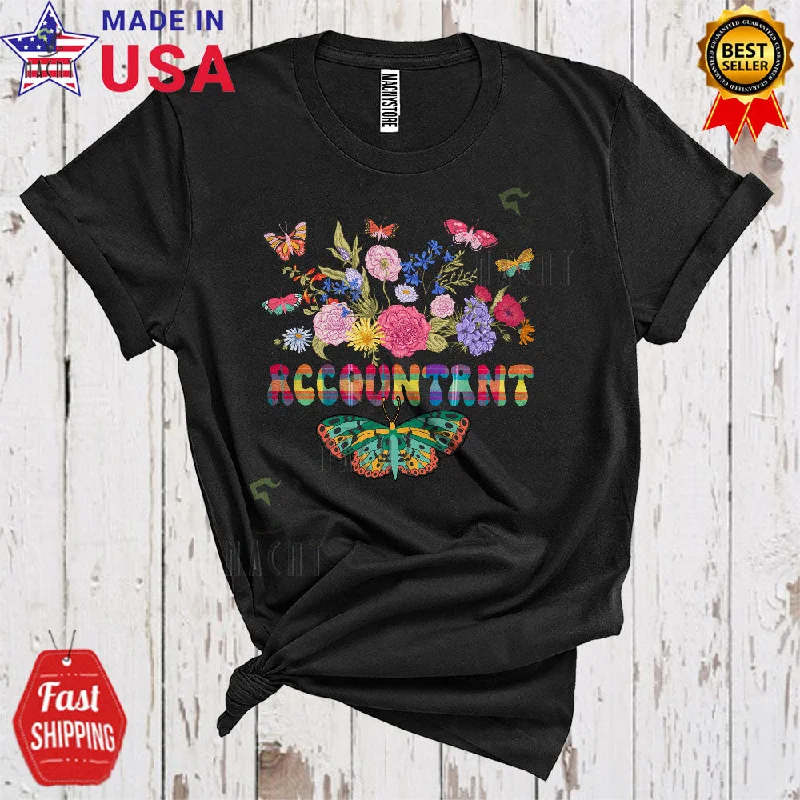 Accountant Cute Cool Plaid Colorful Butterfly Blooming Flowers Matching Women Group T-Shirt Spandex Blend Rayon Blend Denim Blend