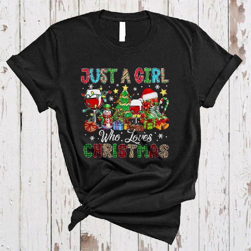 Just A Girl Who Loves Christmas, Colorful X-mas Tree Snowman Wine, Girls Women Family Group T-Shirt Spandex Blend Rayon Blend Denim Blend