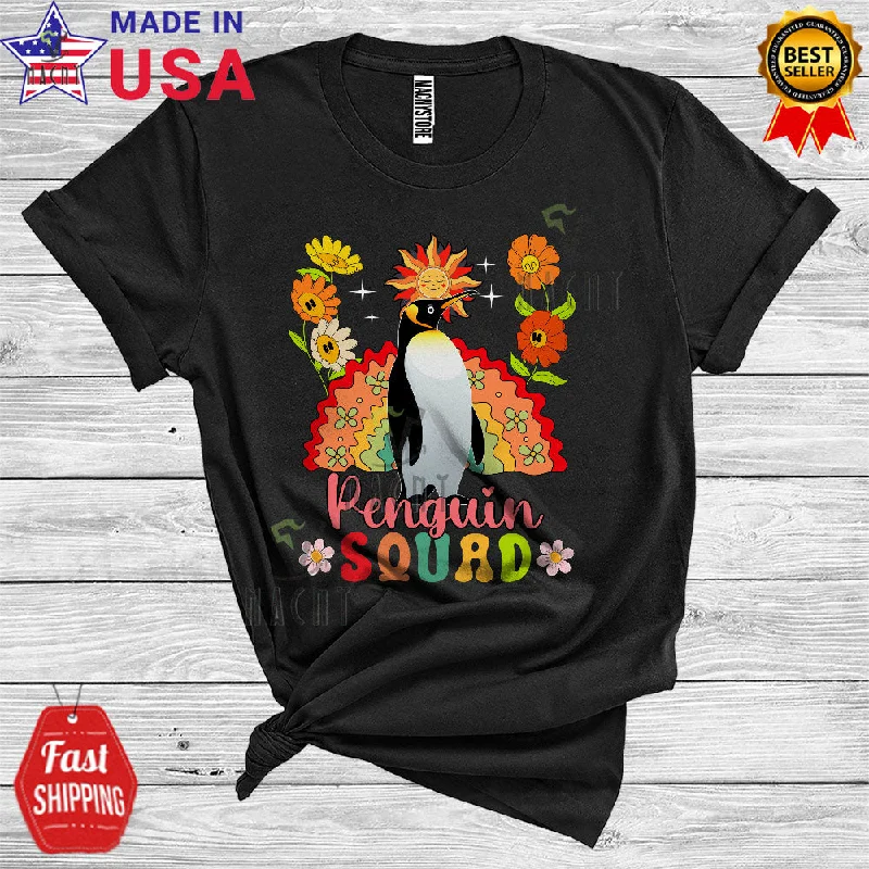 Penguin Squad Funny Bird Animal Lover Women Girl Floral Flower Rainbow Sun T-Shirt Embroidered Appliqued Beaded