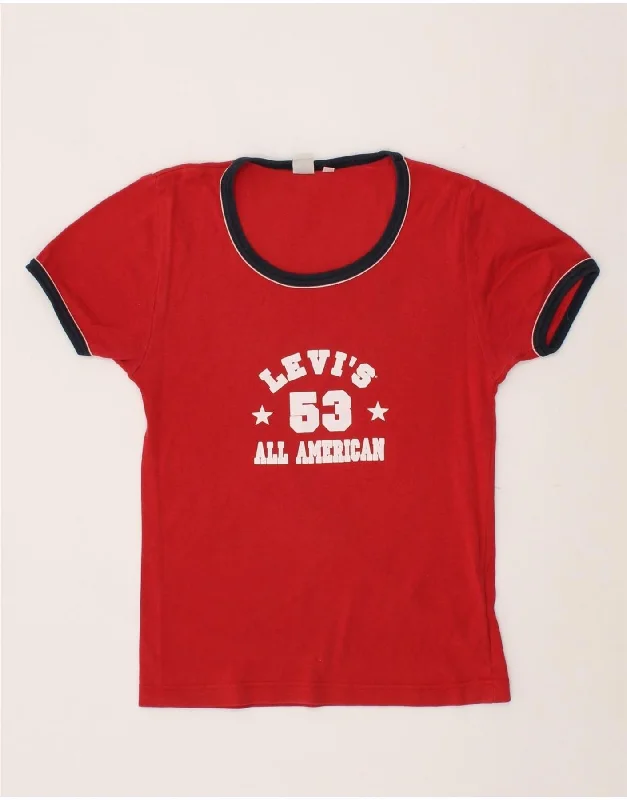 LEVI'S Womens Graphic T-Shirt Top UK 12 Medium Red Cotton Zippered Front Buttoned Front Snap Front