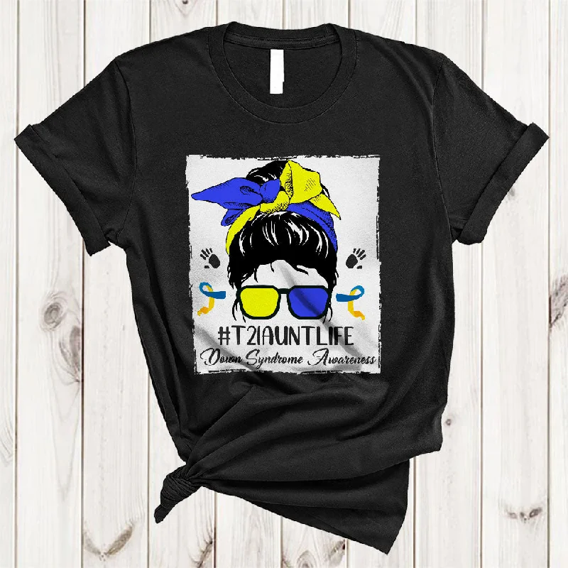 Down Syndrome Aunt, Lovely Down Syndrome Awareness Ribbon Messy Bun Hair Women, Family T-Shirt Embroidered Appliqued Beaded