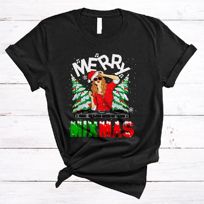 Merry Mixmas, Joyful Humorous Christmas Women Santa DJ Dancer, Snow Around X-mas Tree T-Shirt Beaded Sequined Faux Fur