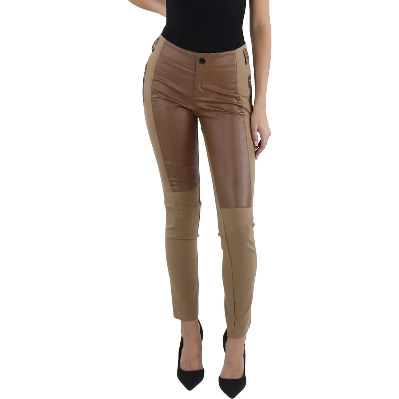 Womens Front Faux Leather Mixed Media Leggings Stylish Yoga Leggings