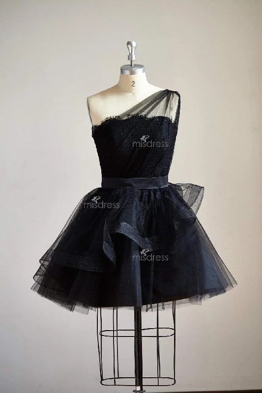 One Shoulder Black Lace Tulle Short Prom Dress Cocktail Party Dress Tunics Luxurious high-end