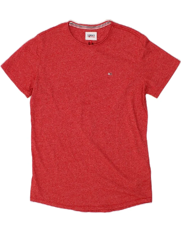TOMMY HILFIGER Mens T-Shirt Top Medium Red Cotton Wool Fabric Cashmere Fabric Tweed Fabric