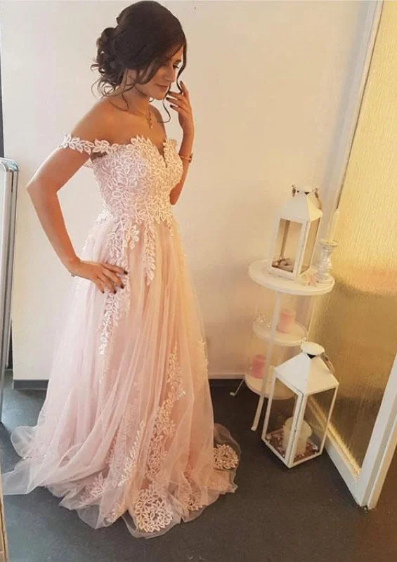 A-line Off Shoulder Sleeveless Sweep Train Wedding Party Dress, Lace Tunics Timeless classic