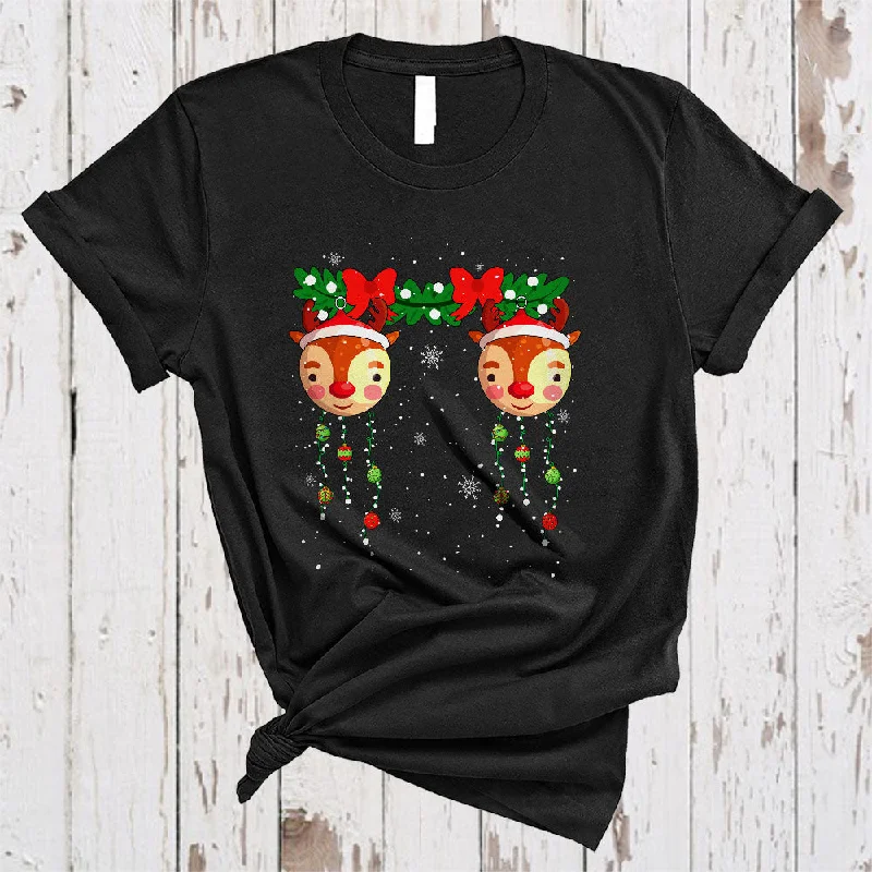 Santa Reindeer Christmas Baubles Boobs, Adorable X-mas Ornaments, Women Snow Around T-Shirt Chenille Blend Fleece Blend Nylon Blend