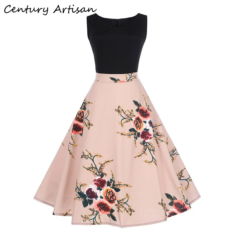 CYAN Elegant Women Summer Dress 2018 Casual Floral Sleeveless Ball Gown Dress Vintage Sexy 50s 60s Party Dresses Female Vestidos Crew Neckline Sporty