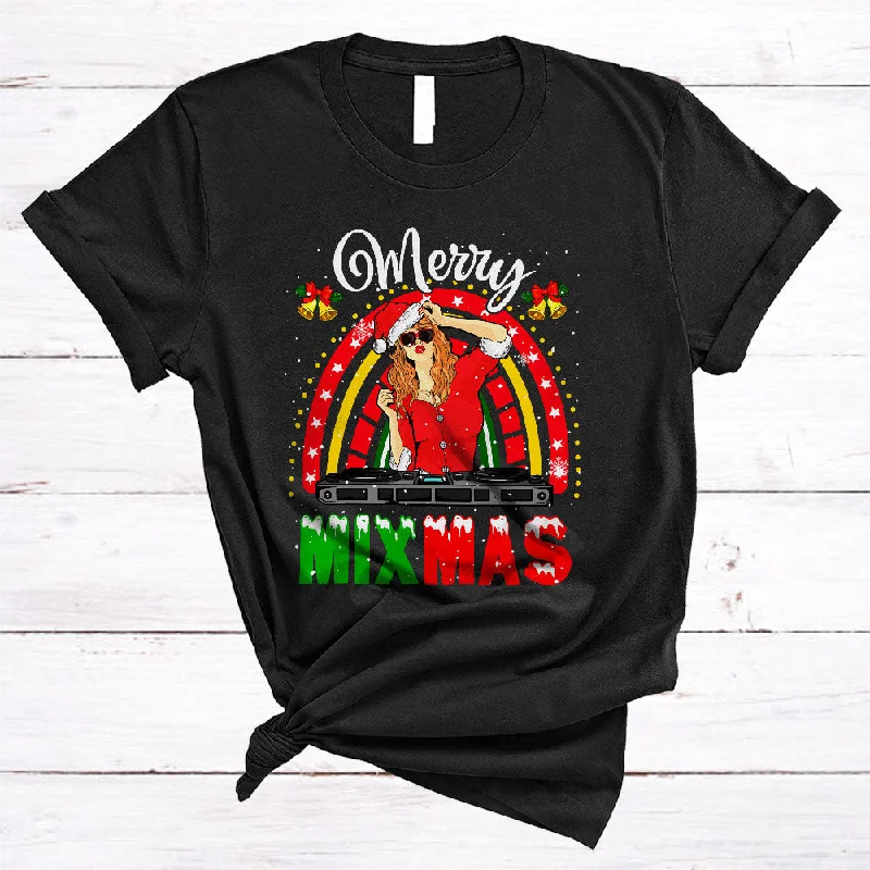 Merry Mixmas, Joyful Humorous Christmas Women Santa DJ Dancer, Snow X-mas Rainbow T-Shirt Graphic Embroidered Appliqued