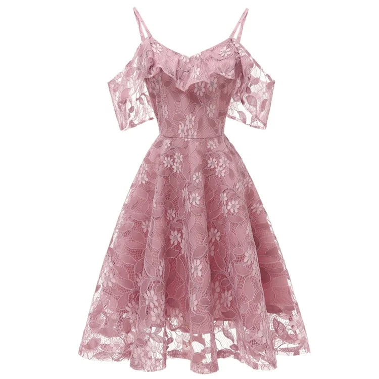 مجموعة اروين ARWEN & AJH GROUP Sexy Lace Ruffle V-neck Off-the-shoulder Ladies Sling Party Dresses Backless Knee-length Women Evening Dress With Zipper Tunics Corduroy durable