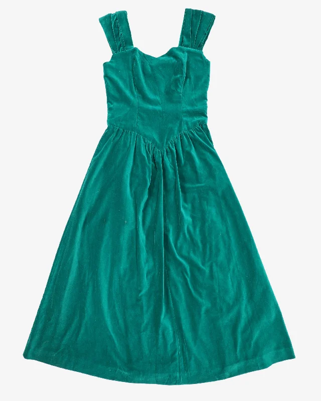 1980s Green Velvet Sleeveless Party Dress Sequined Elegant Party