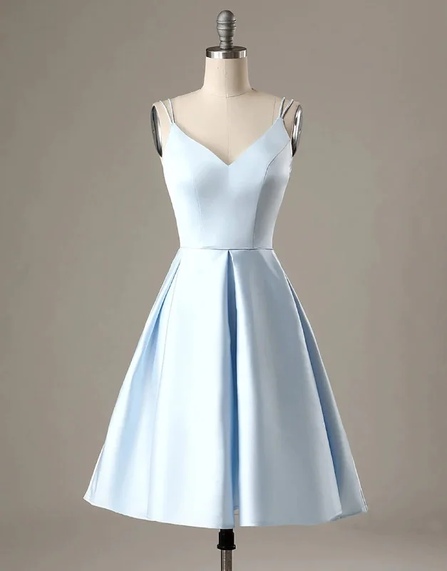 A-Line Blue Satin Double Straps V Back Homecoming Wedding Party Dress Tunics Sale discount