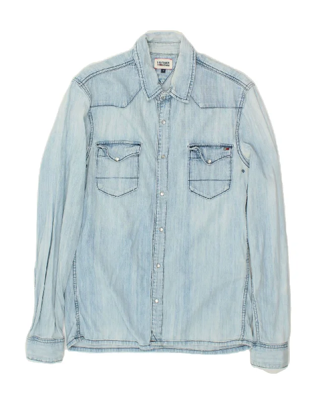 TOMMY HILFIGER Mens Denim Shirt Medium Blue Cotton Welt Pockets Slit Pockets Flap Pockets
