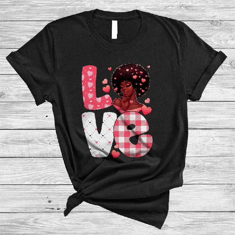 LOVE, Adorable Valentine's Day Hearts Plaid Black African Women, Melanin Afro Pride Group T-Shirt Hooded Caped Shawl Collar