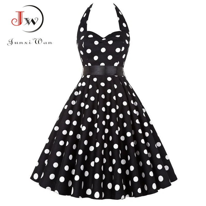 Plus Size Polka Dot Dress Women Vintage Swing Halter Belt 50s 60s Rockabilly Prom Party Dresses Retro Feminino Vestidos Boatneck Modish Everyday