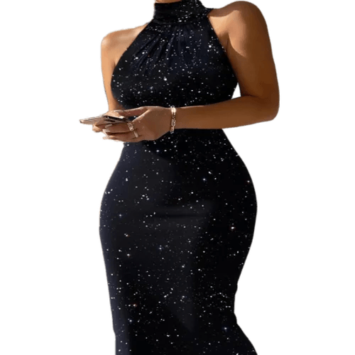New Women Elegant Bodycon Mini Dress Glitter High Neck Sleeveless Bodycon Sexy Slim Fit Party Dress Tunics Satin smooth