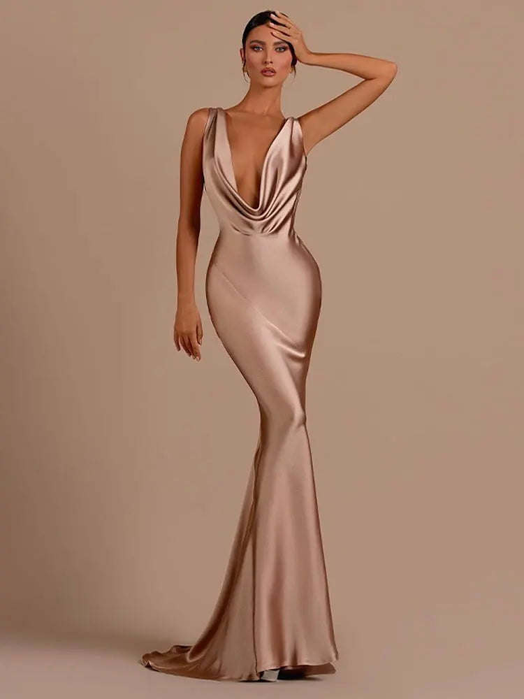 Woman Sexy Satin Swing Neck Party Dress Fashion Solid Backless Bodycon Maxi Dresses Pencil Length Work