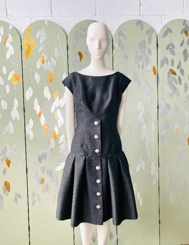 Vintage 1960s Grey Dropwaist Party Dress, Small Pleated Skirt Elegant