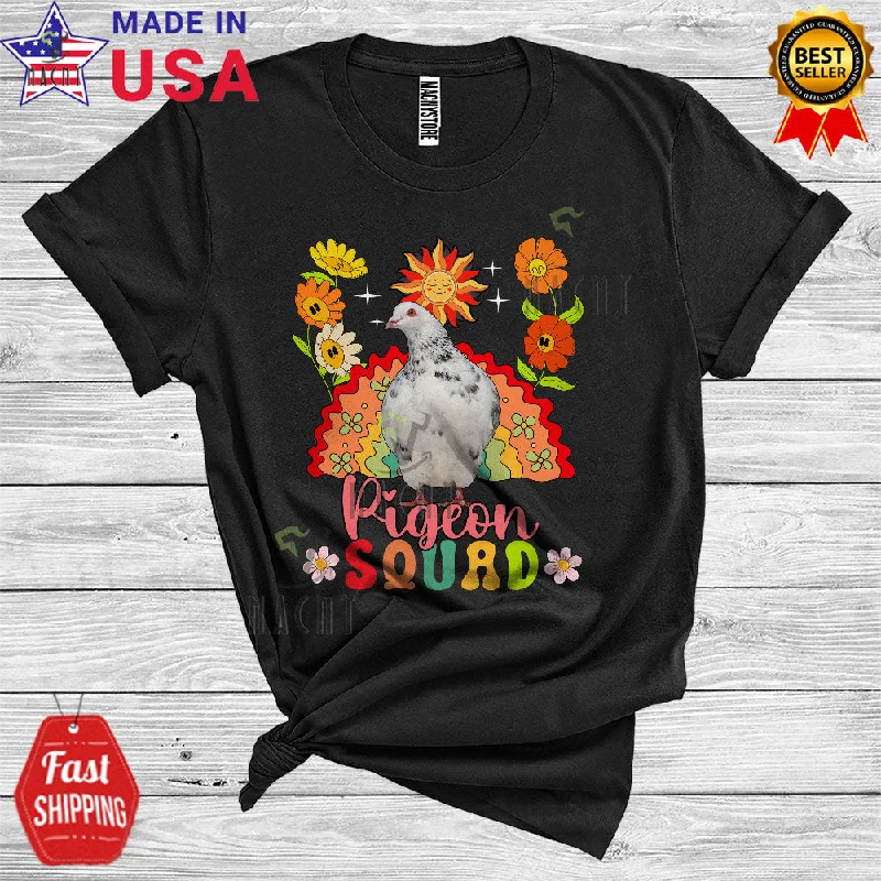 Pigeon Squad Funny Bird Animal Lover Women Girl Floral Flower Rainbow Sun T-Shirt Solid Print Embellished