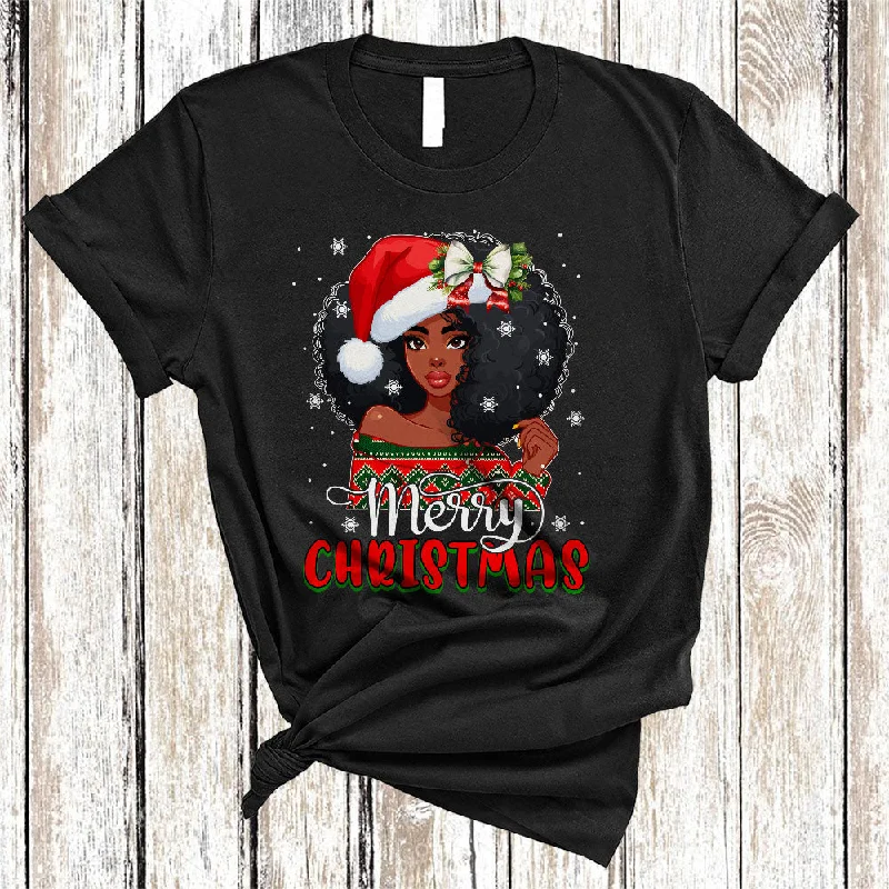 Merry Christmas, Adorable Christmas Santa African Girl Women, X-mas Black Afro Proud T-Shirt Notch Collar Peter Pan Collar Cowl Neck