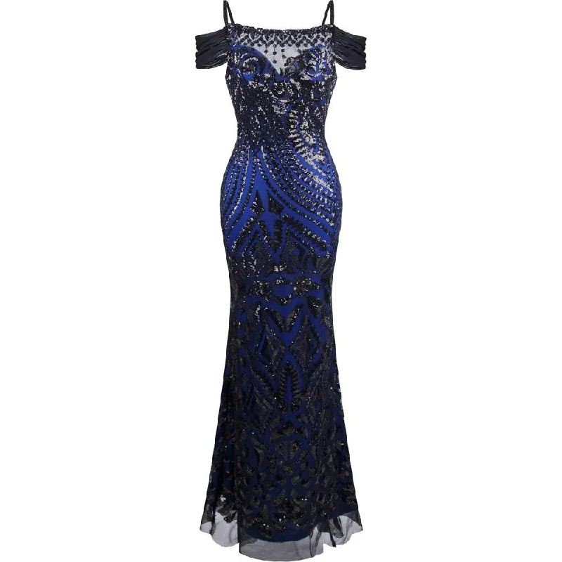 Women's Elegant Boat Neck Cap Sleeve Sequin Long Formal Evening Party Dress Cold Shoulder Backless Mermaid Gown Tunics Lace romantic
