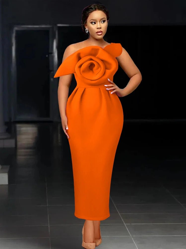 Elegant African Women’s Party Dress - Slim Bodycon One-Shoulder with Big Flower, Perfect for Events, Christmas, Birthdays, and Wedding Guests Tunics stripes playful