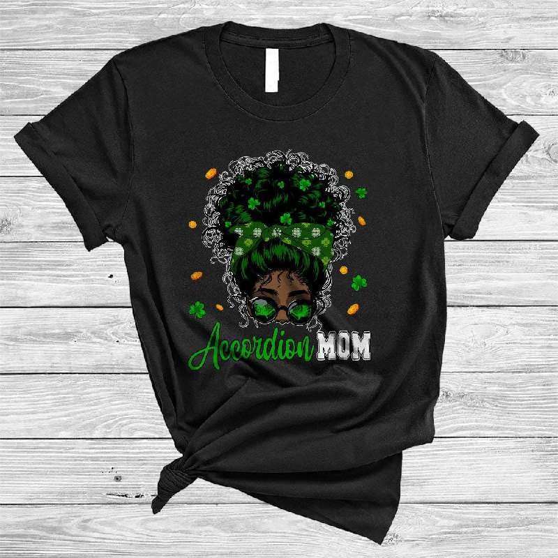 Accordion Mom, Cool St. Patrick's Day Messy Afro Bun Hair Women, Black African Musician Shamrock T-Shirt Mesh Canvas Denim