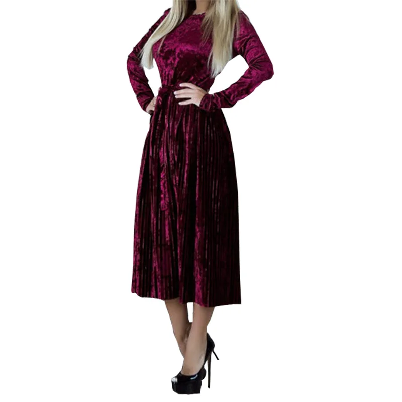 Fashion Pleated Velvet Dresses 2018 Elegant Women Party Dress Long Sleeve Winter Autumn Velour Dress Solid Robe Mujer GV192 Crew Neckline Casual