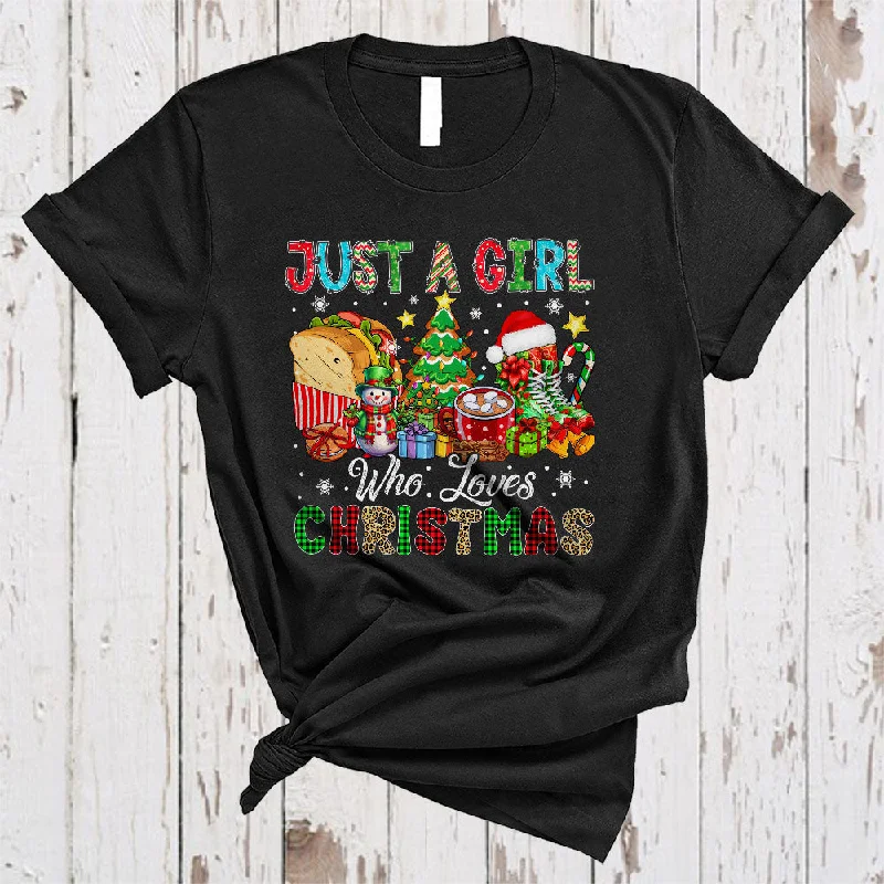 Just A Girl Who Loves Christmas, Colorful X-mas Tree Snowman Sandwich, Girls Women Family Group T-Shirt Lace Blend Ribbed Blend Corduroy Blend