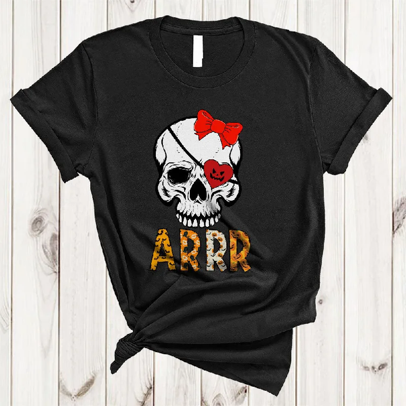 Arrr Scary Creepy Halloween Costume Women Pirate Heart Eyepatch Skull Lover T-Shirt Collared T-Shirt Boat Neck A-Line