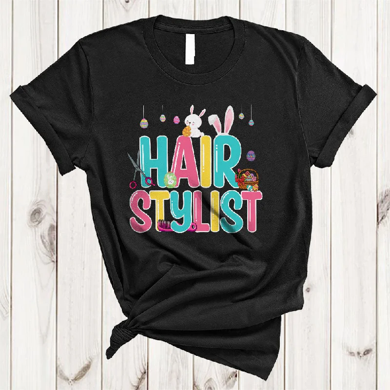 Hair Stylist, Wonderful Easter Day Bunny Hunting Eggs Lover, Matching Girls Women Family Group T-Shirt Hooded Caped Shawl Collar