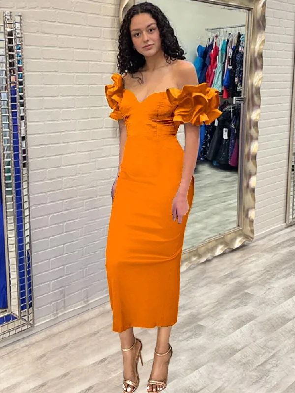 Evening Party Dresses Off The Shoulder Ruffles High Waist Bodycon Shiny Evening Cocktail Party Event Midi Gowns for Women 4XL Boat Neckline Classic