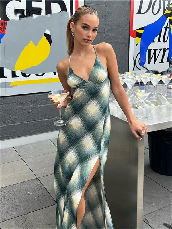 Plaid Print Backless Split Maxi Dress Women Sexy Spaghetti Strap Sleeveless Party Dresses Off-the-shoulder Chic Trendy