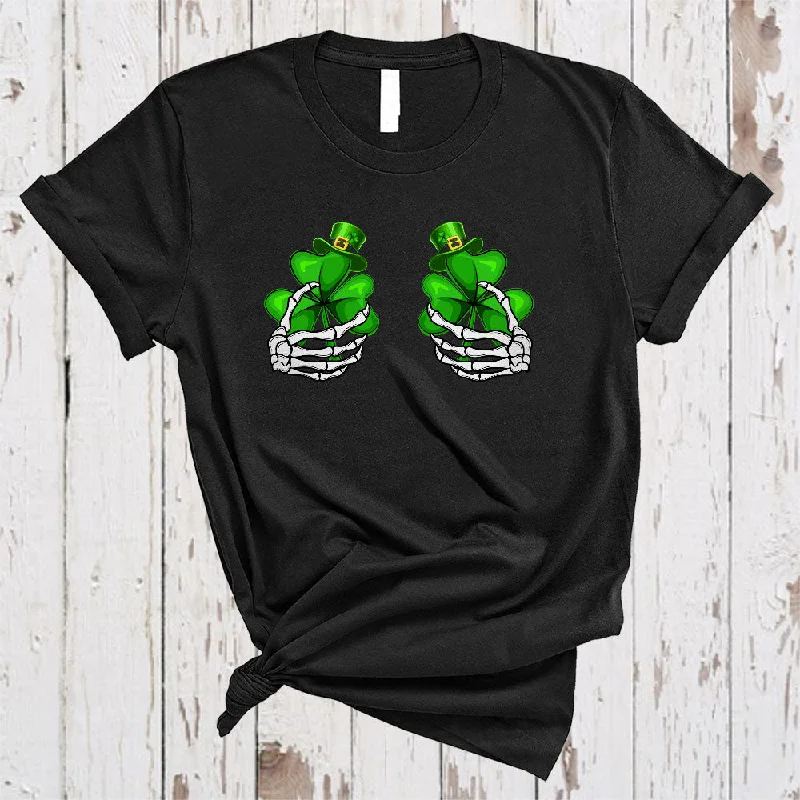 Two Skeleton Hand On Shamrocks, Humorous St. Patrick's Day Shamrock, Women Family Group T-Shirt Real Fur Shearling Chenille