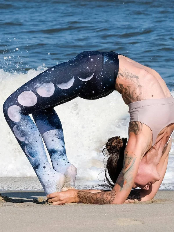 Women Moon Print Active Wear Workout Yoga Leggings Fashionable Solid Color Tights