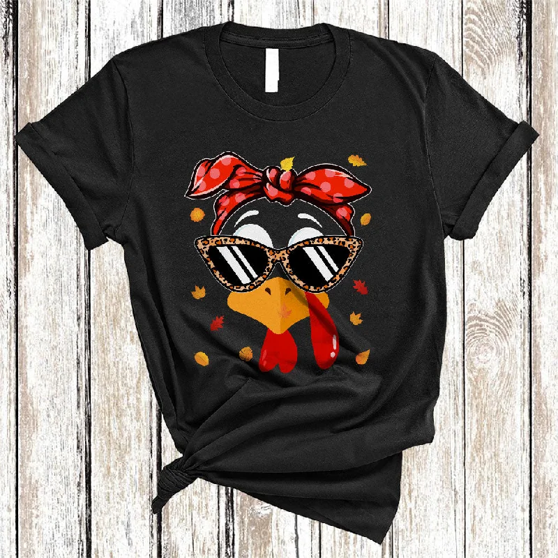 Turkey Face Wearing Leopard Sunglasses, Humorous Thanksgiving Women Turkey, Family Group T-Shirt Sequined Glittery Shiny
