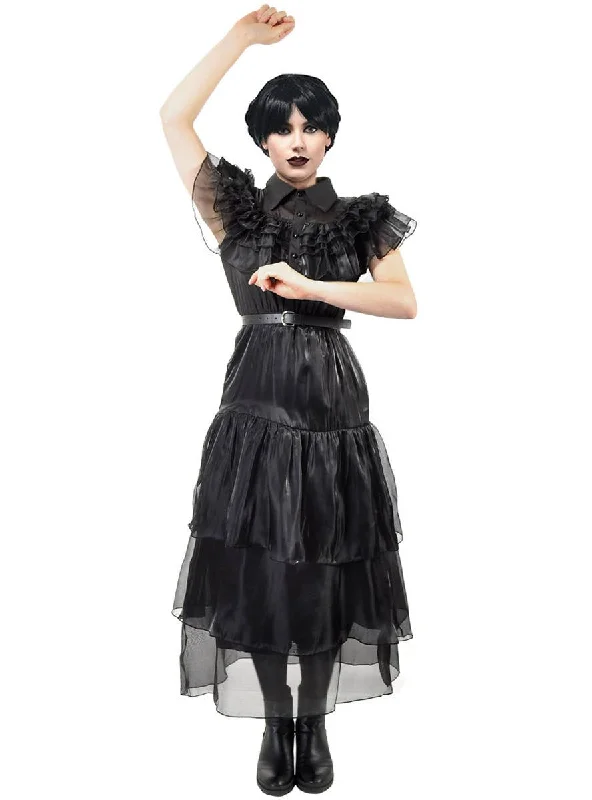 Deluxe Womens Black Wednesday Party Dress Costume Lace Sexy Club