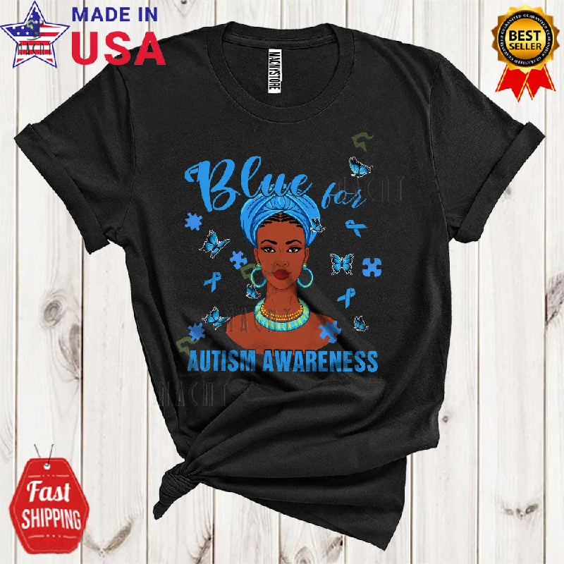 Blue For Autism Awareness Cool Proud Afro African American Black Women Puzzle Butterfly Lover T-Shirt Front Pockets Side Pockets Patch Pockets