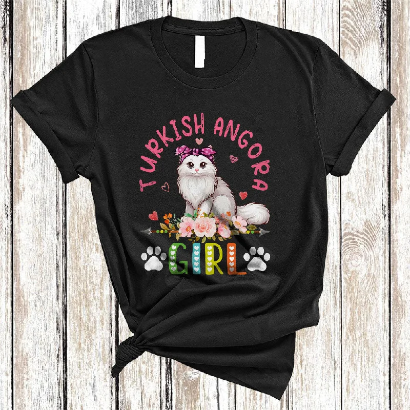 Turkish Angora Girl, Amazing Floral Kitten Lover Hearts Flowers, Matching Girls Women Family T-Shirt Asymmetrical Pockets Print