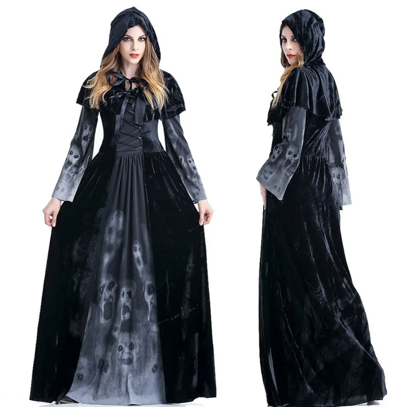 Gothic Witch Dress Ghost Skull Print Devil Black Floor Length Fancy Party Dress For Women Autumn Winter Halloween Party Dress Tunics Top Casual
