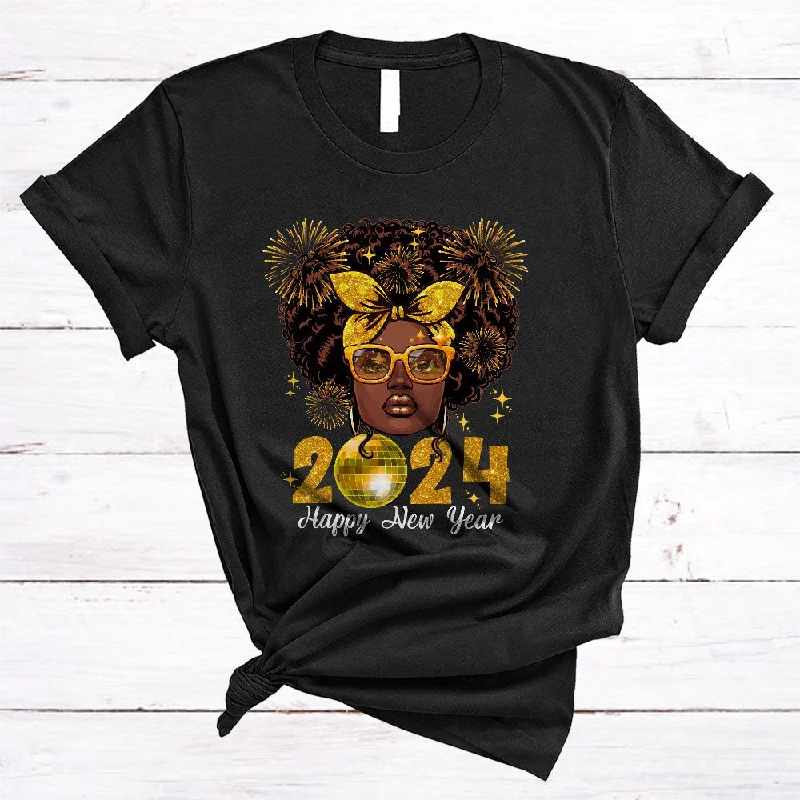 Happy New Year 2024, Awesome New Year Messy Bun Hair Black Women, African American Firework T-Shirt Polka Dot Checkered Tartan