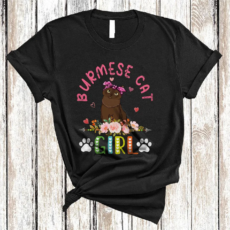 Burmese Cat Girl, Amazing Floral Kitten Lover Hearts Flowers, Matching Girls Women Family T-Shirt Machine Wash Dry Clean Hand Wash