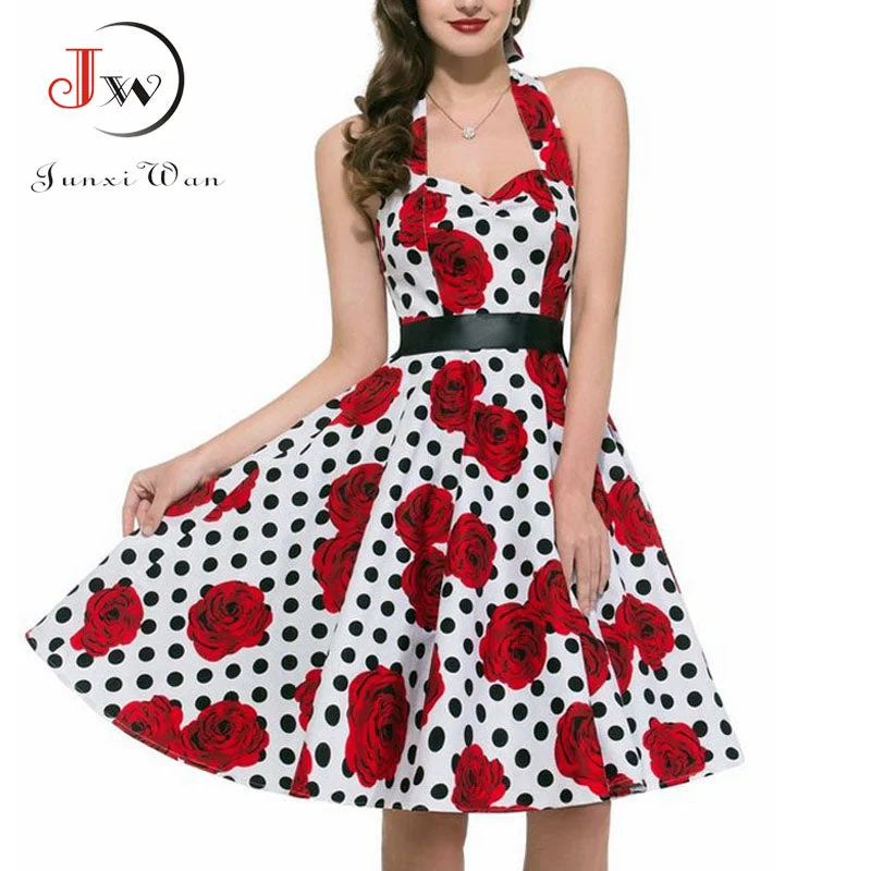 2017 Women Polka Dot Dress Big Swing Vestidos Retro Robe Casual Prom Rockabilly Party Dress 50s 60s Pinup Vintage Dresses Square Neckline Feminine