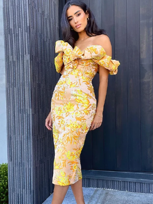 Elegant Jacquard Dresses for Women Wedding Party Dress Bodycon Yellow Sexy Off Shoulder Evening Birthday Club Outfits Summer Square Neckline Feminine
