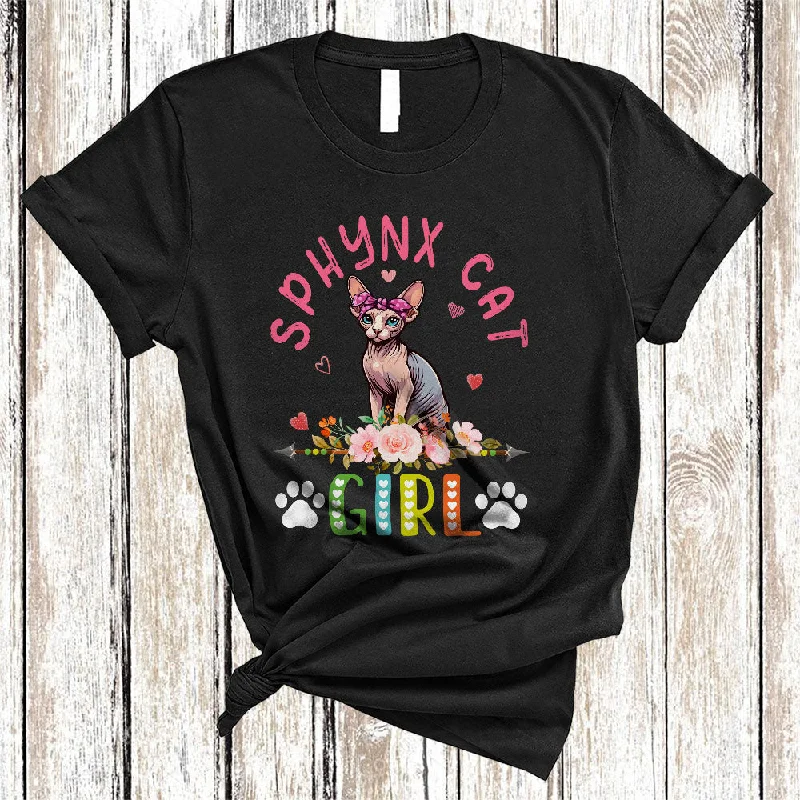 Sphynx Cat Girl, Amazing Floral Kitten Lover Hearts Flowers, Matching Girls Women Family T-Shirt Solid Color Striped Floral