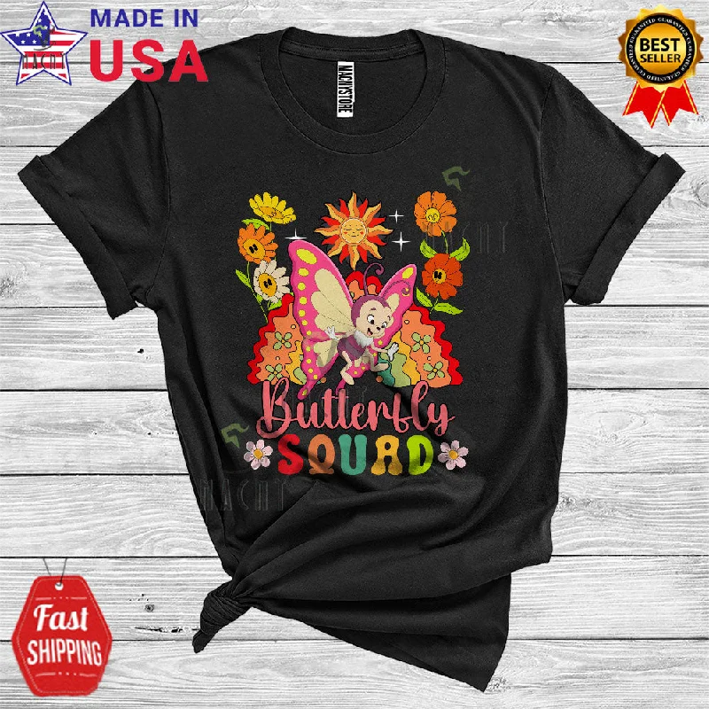 Butterfly Squad Funny Insect Lover Women Girl Floral Flower Rainbow Sun T-Shirt Collared Crew Neck Turtle Neck