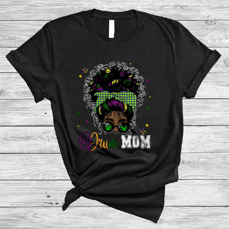 Drum Mom, Cool Mardi Gras Messy Afro Bun Hair Women, Black African Musical Instruments T-Shirt Rayon Velvet Corduroy